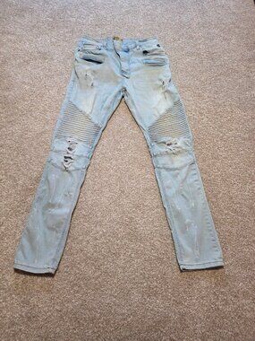 Grindhouse Denim Men’s Distressed Light Wash Distressed Biker Jeans Size 36X32